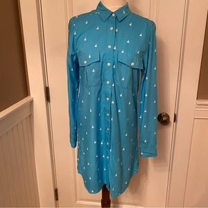 BRAND BLOCK ISLAND RI DRESS SHIFT COVERUP BLUE WHITE LONG TAB SLEEVE SIZE S/M